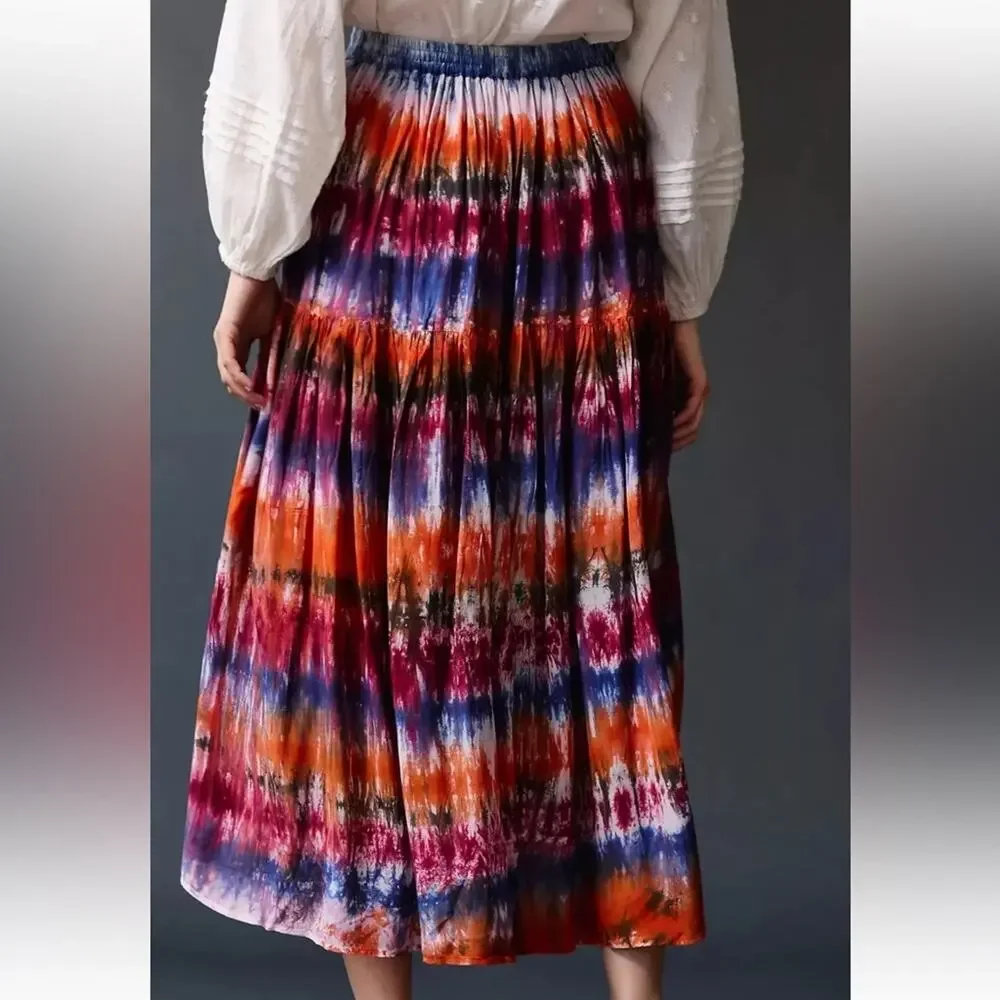 NWT Anthropologie Oksana Norblack Norwhite Tie Dye Midi Colorful Skirt Size S